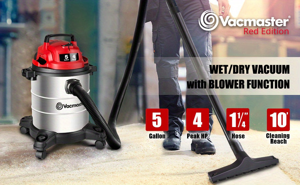 Vacmaster Premium Stainless Steel 5 Gallon & 8 Gallon Wet/Dry Shop Vacuum Cleaner | 16KPa/20KPa Powerful Suction, Blower Function, 10ft Cord & 80dB Quiet Operation