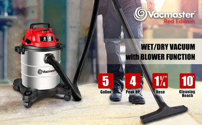 Vacmaster Premium Stainless Steel 5 Gallon & 8 Gallon Wet/Dry Shop Vacuum Cleaner | 16KPa/20KPa Powerful Suction, Blower Function, 10ft Cord & 80dB Quiet Operation