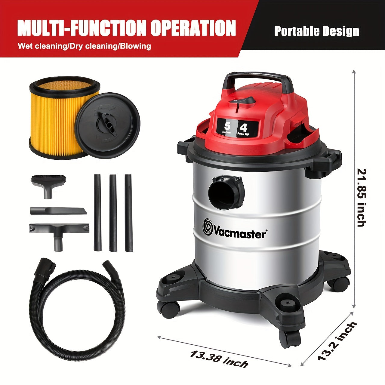 Vacmaster Premium Stainless Steel 5 Gallon & 8 Gallon Wet/Dry Shop Vacuum Cleaner | 16KPa/20KPa Powerful Suction, Blower Function, 10ft Cord & 80dB Quiet Operation