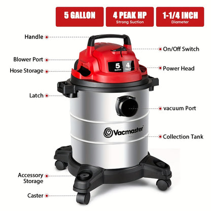 Vacmaster Premium Stainless Steel 5 Gallon & 8 Gallon Wet/Dry Shop Vacuum Cleaner | 16KPa/20KPa Powerful Suction, Blower Function, 10ft Cord & 80dB Quiet Operation