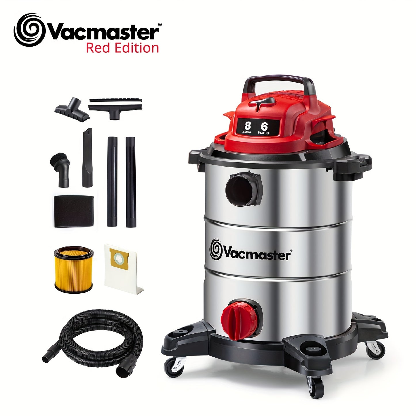Vacmaster Premium Stainless Steel 5 Gallon & 8 Gallon Wet/Dry Shop Vacuum Cleaner | 16KPa/20KPa Powerful Suction, Blower Function, 10ft Cord & 80dB Quiet Operation