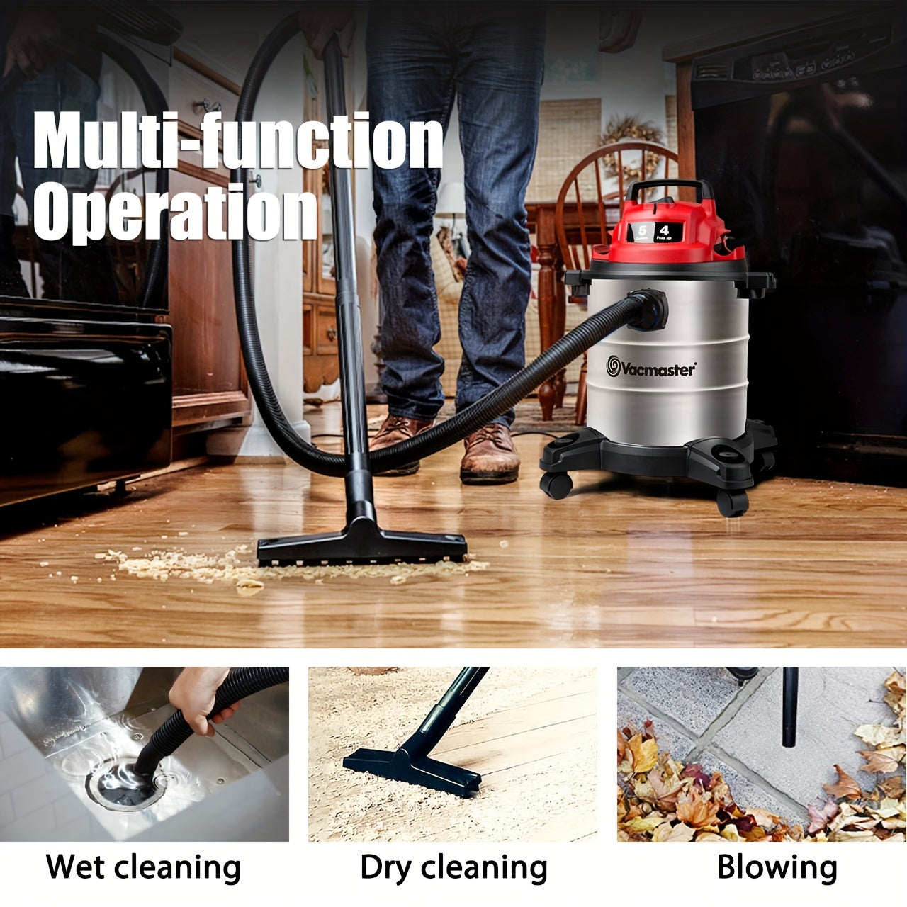Vacmaster Premium Stainless Steel 5 Gallon & 8 Gallon Wet/Dry Shop Vacuum Cleaner | 16KPa/20KPa Powerful Suction, Blower Function, 10ft Cord & 80dB Quiet Operation
